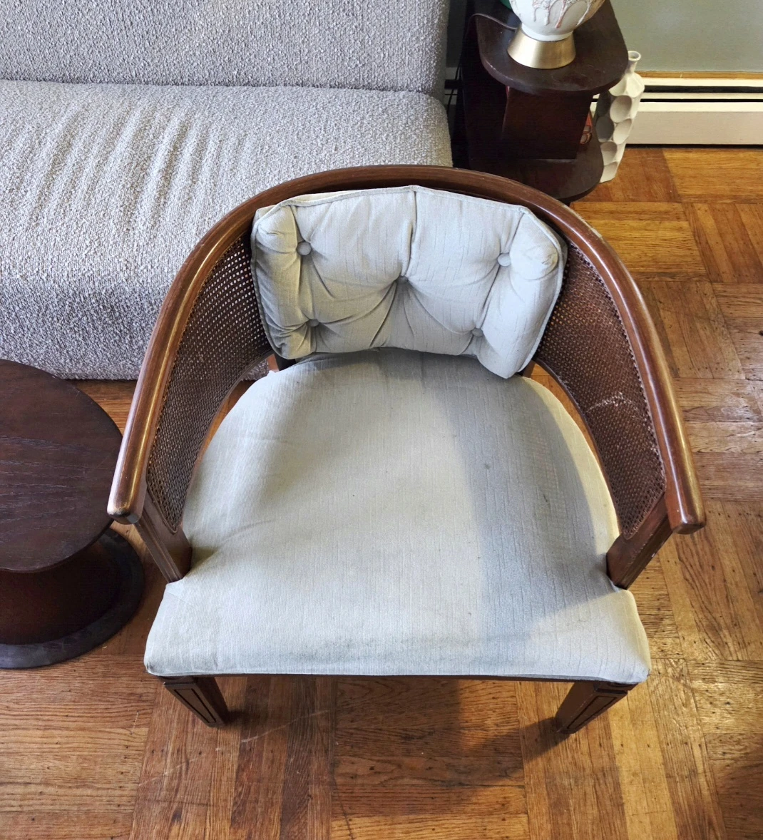 Vintage Walnut & Rattan Barrel Armchair - photo 5