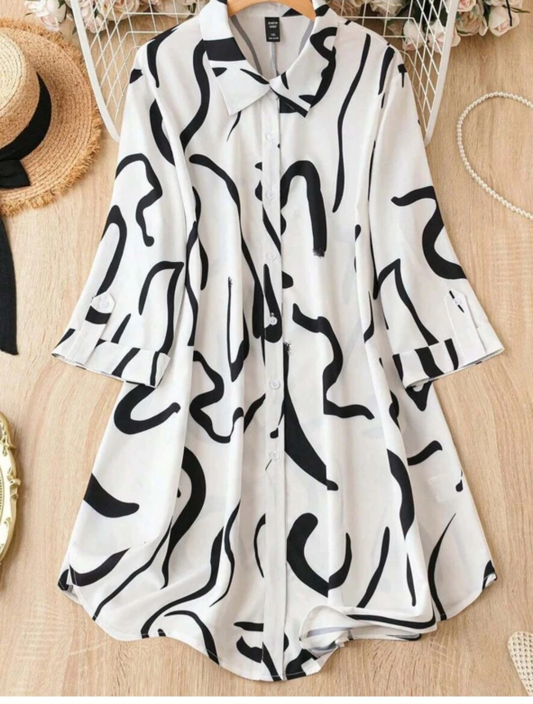 White Black Abstract Print Button-Up Shirt Dress