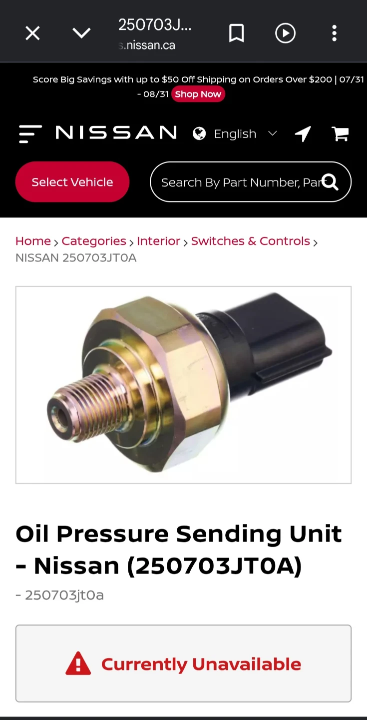 Nissan Oil Pressure Sensor 25070-3JT0A