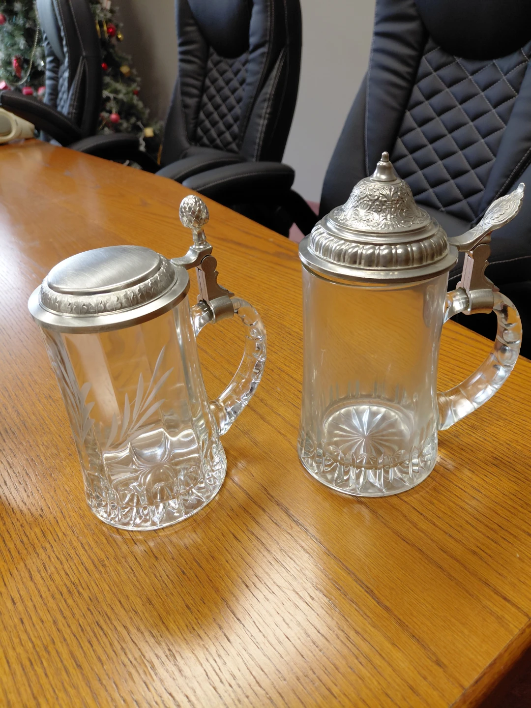 Glass Beer Steins with Pewter Lids - 2 Steins