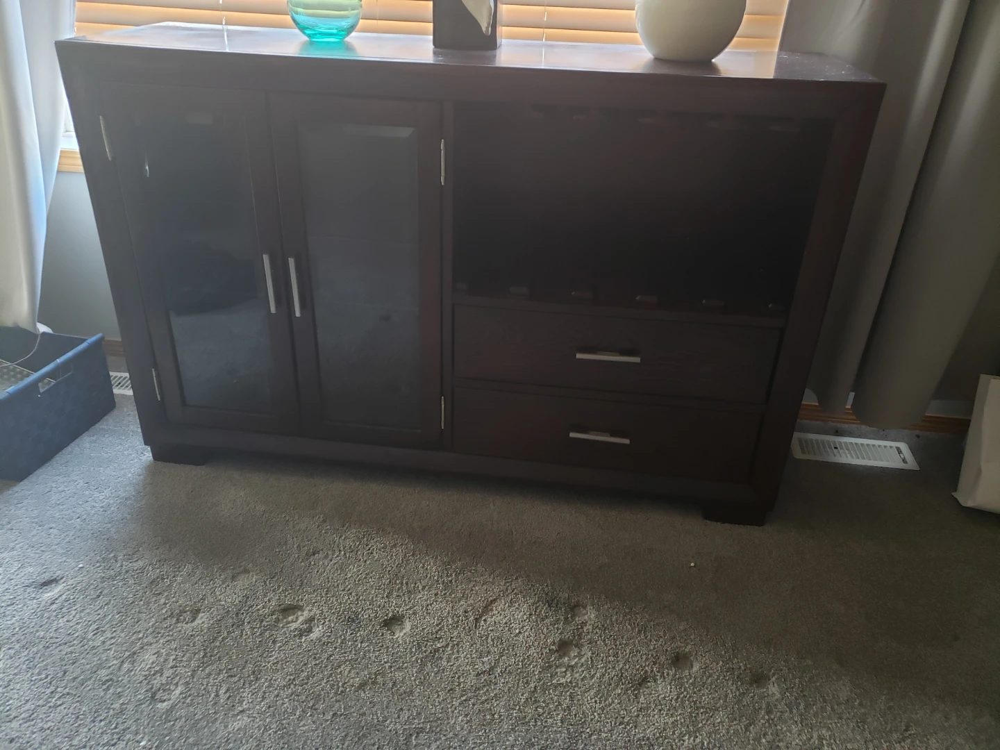 Dark Wood Sideboard Cabinet with Glass Doors and Drawers