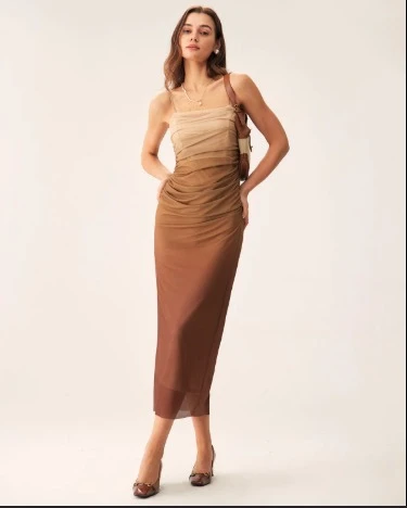 Ruched Ombre Mesh Maxi Dress