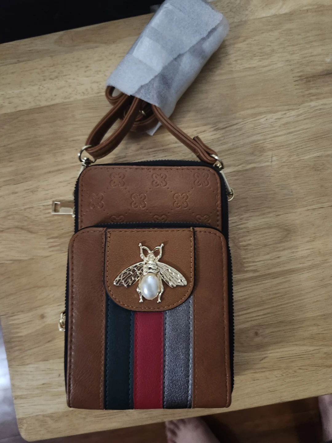 Brown Crossbody Phone Bag with Bee Accent