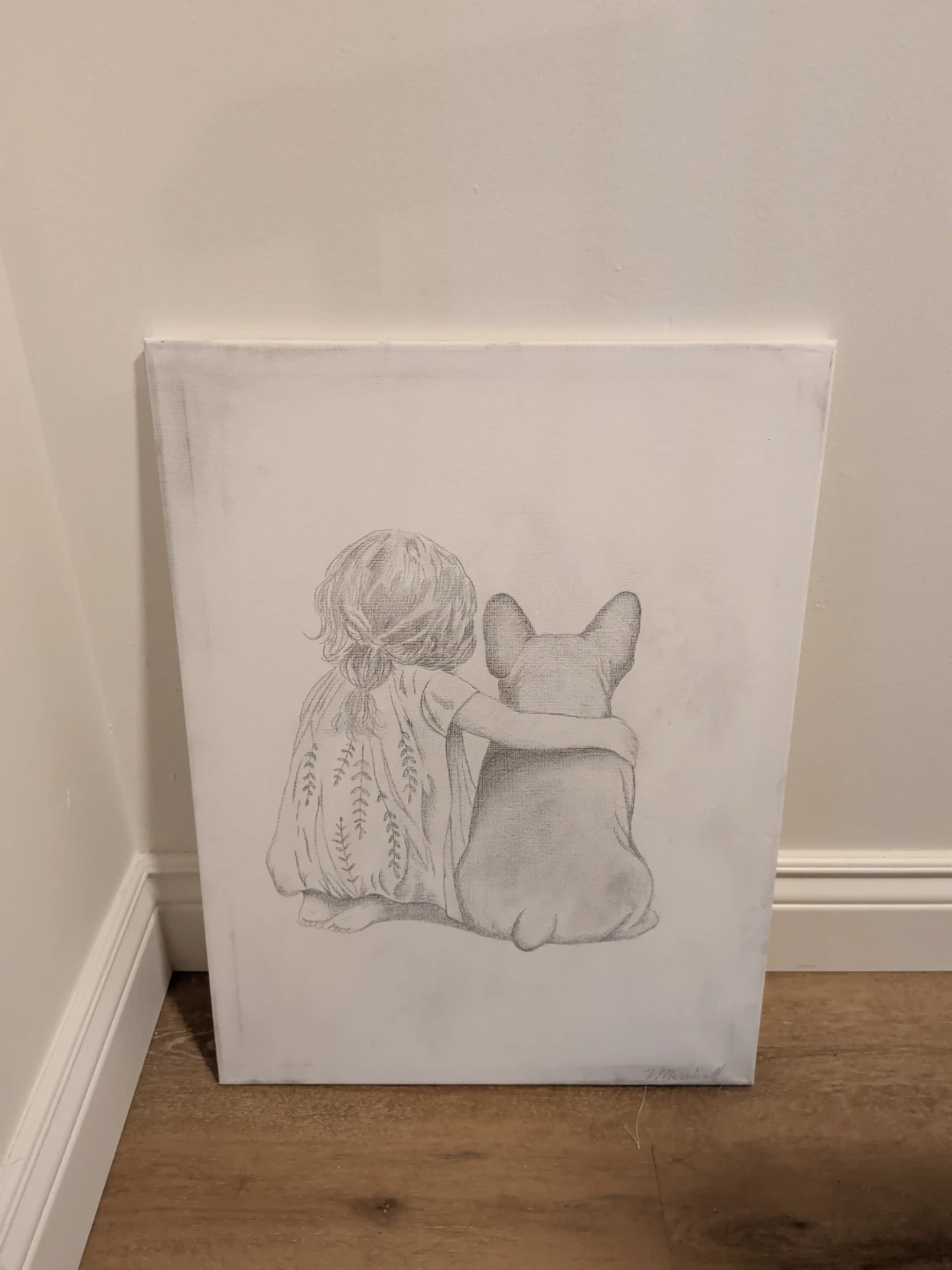 Pencil Sketch Art: Girl Hugging French Bulldog Canvas
