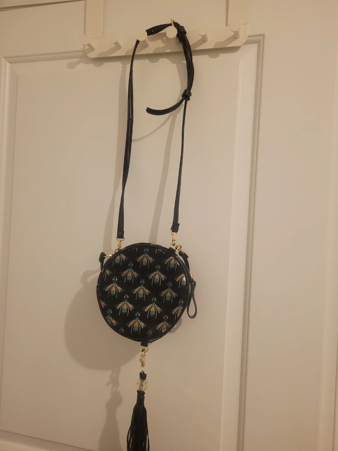 Black Round Crossbody Bag with Bee Pattern