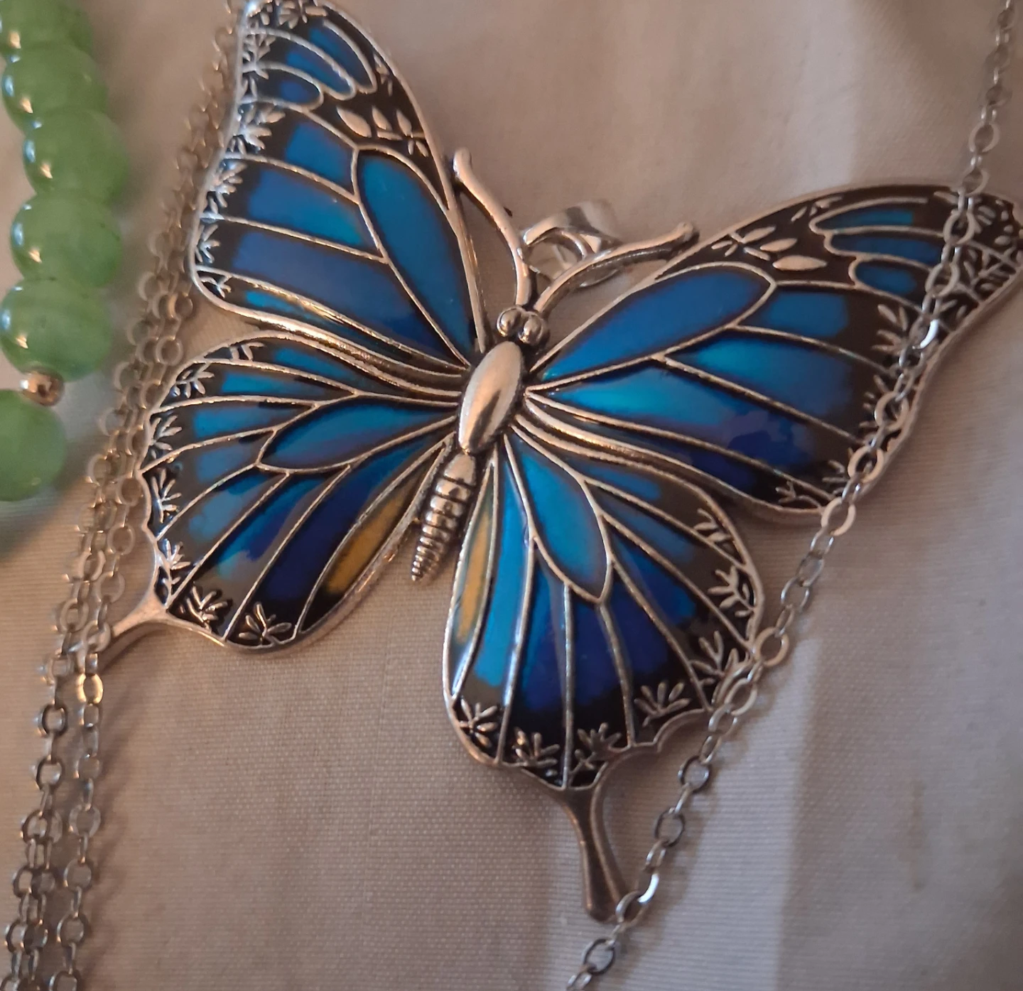 Silver-tone Butterfly Pendant Necklace & Jade Bracelet Set - photo 3