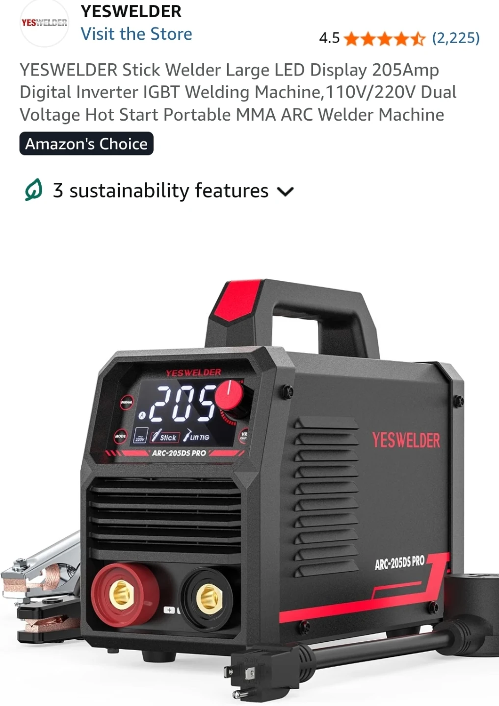 YESWELDER Stick Welder Large LED Display 205Amp Digital Inverter