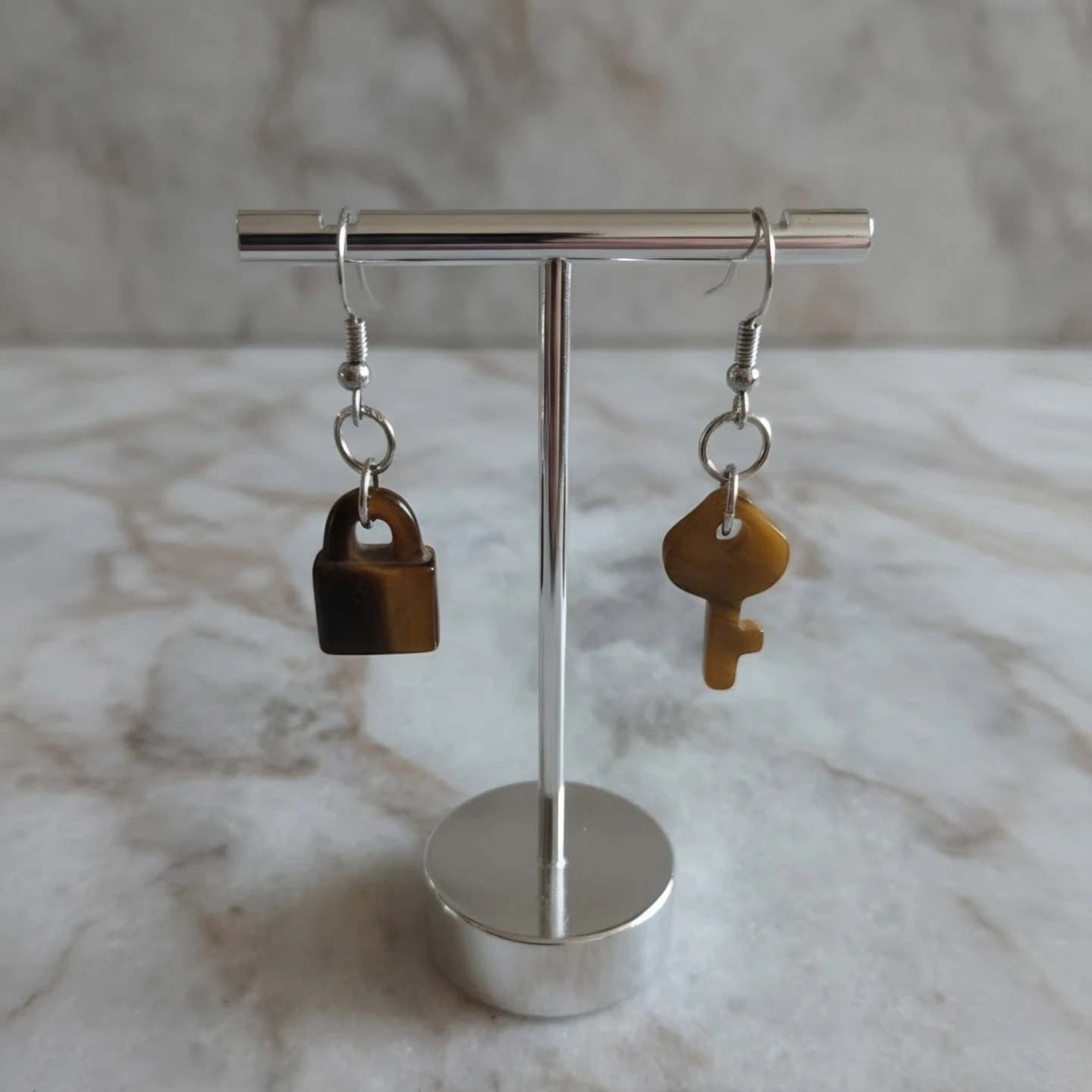 NEW Tiger Eye Lock and Key Dangle Earrings