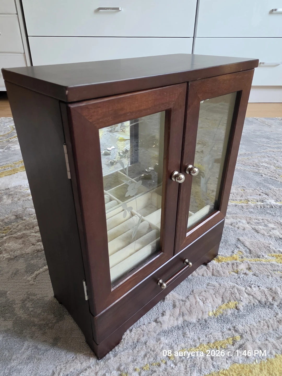 Wooden Jewelry Box with Glass Doors