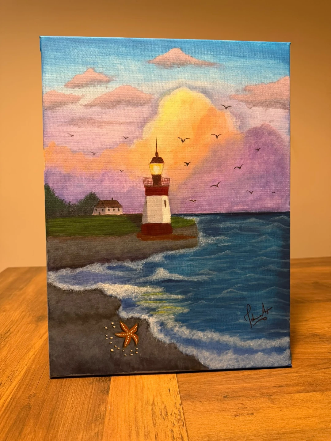 Freshly hand painted original light house scenic painting
