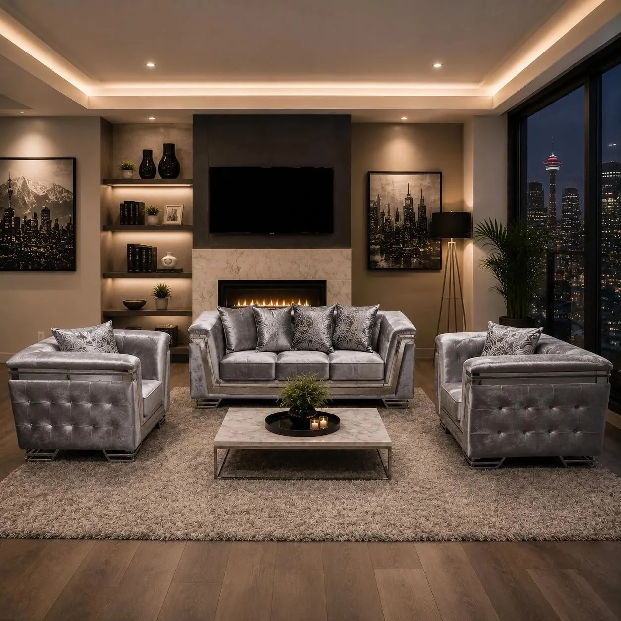 Luxury 3-Piece Sofa Set - Silver Velvet