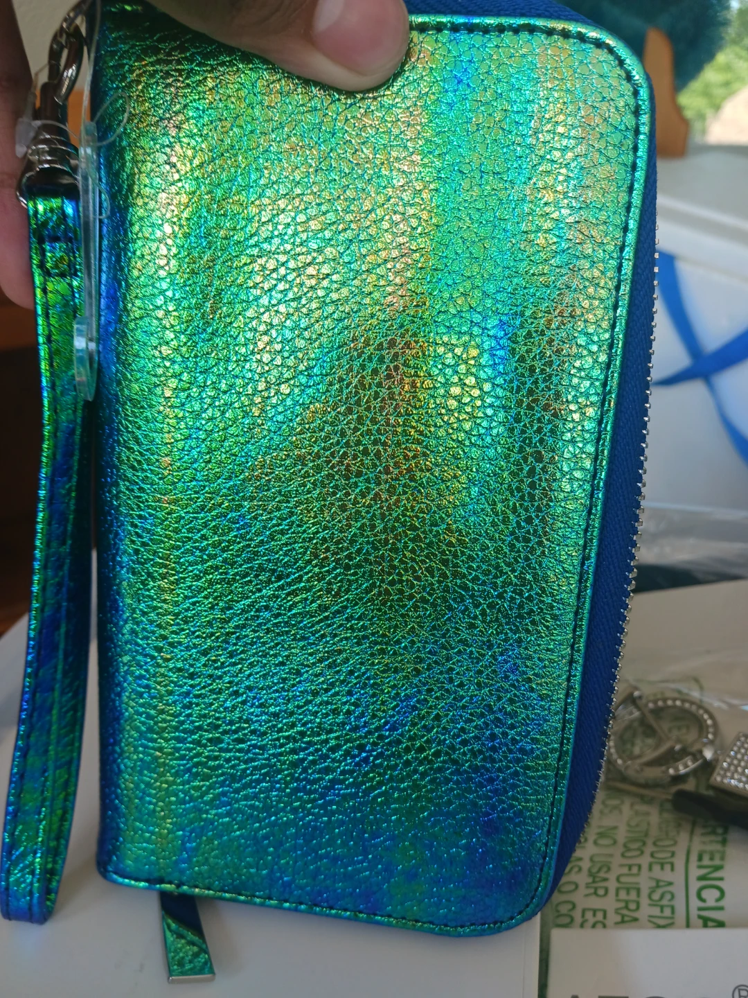Iridescent Blue Zip-Around Wallet with Wrist Strap