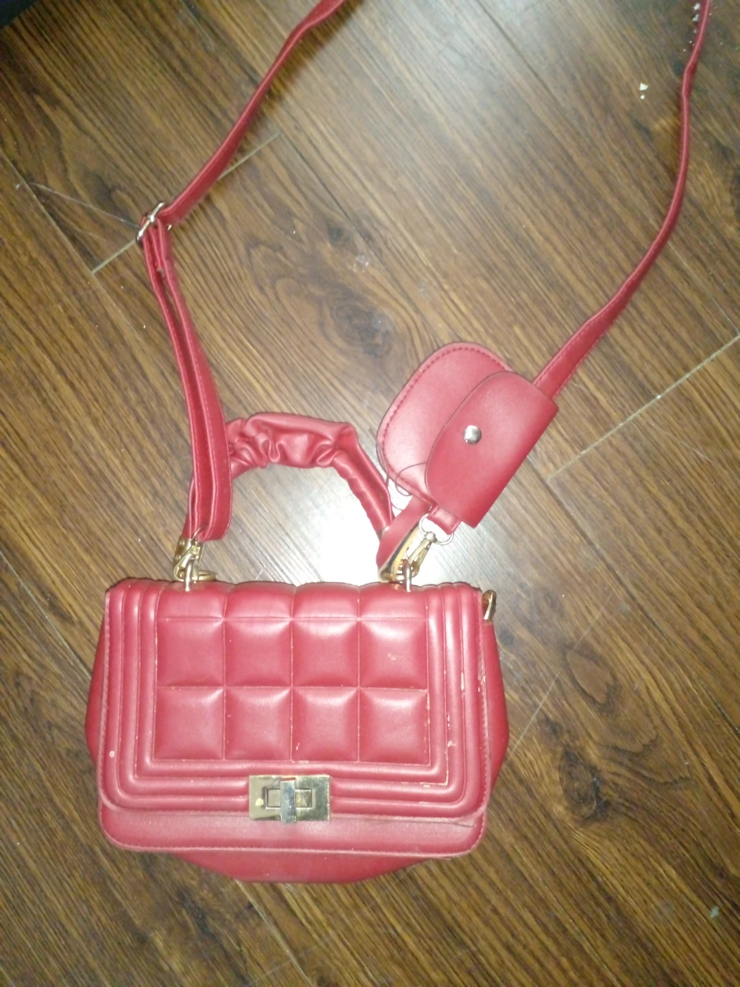 Red Quilted Handbag with Detachable Coin Pouch