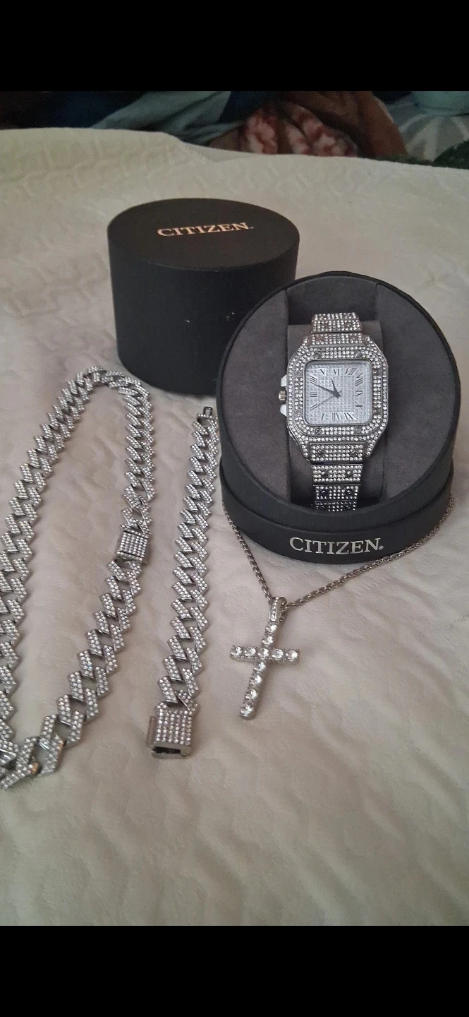 Citizen Watch with Cuban Link Chain and Cross Necklace Set