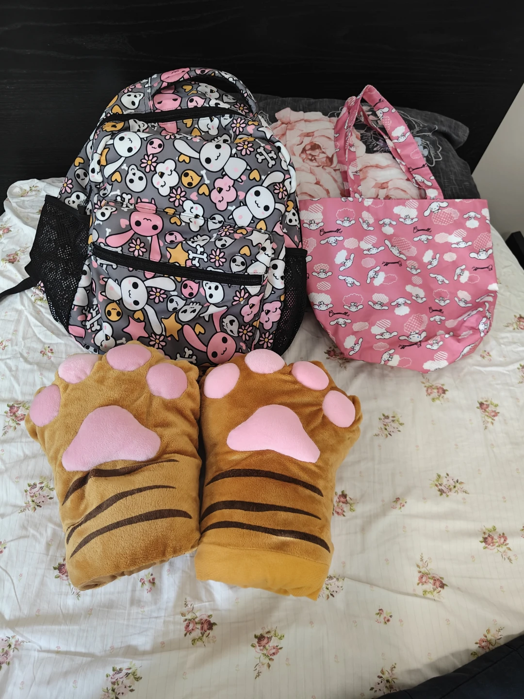 Cute Kawaii Backpack with Pink Lunchbag and Paw Mittens