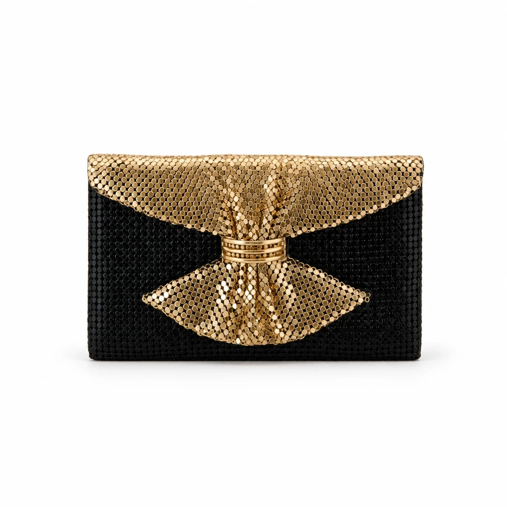 Black & Gold Mesh Bow Clutch Handbag - photo 3