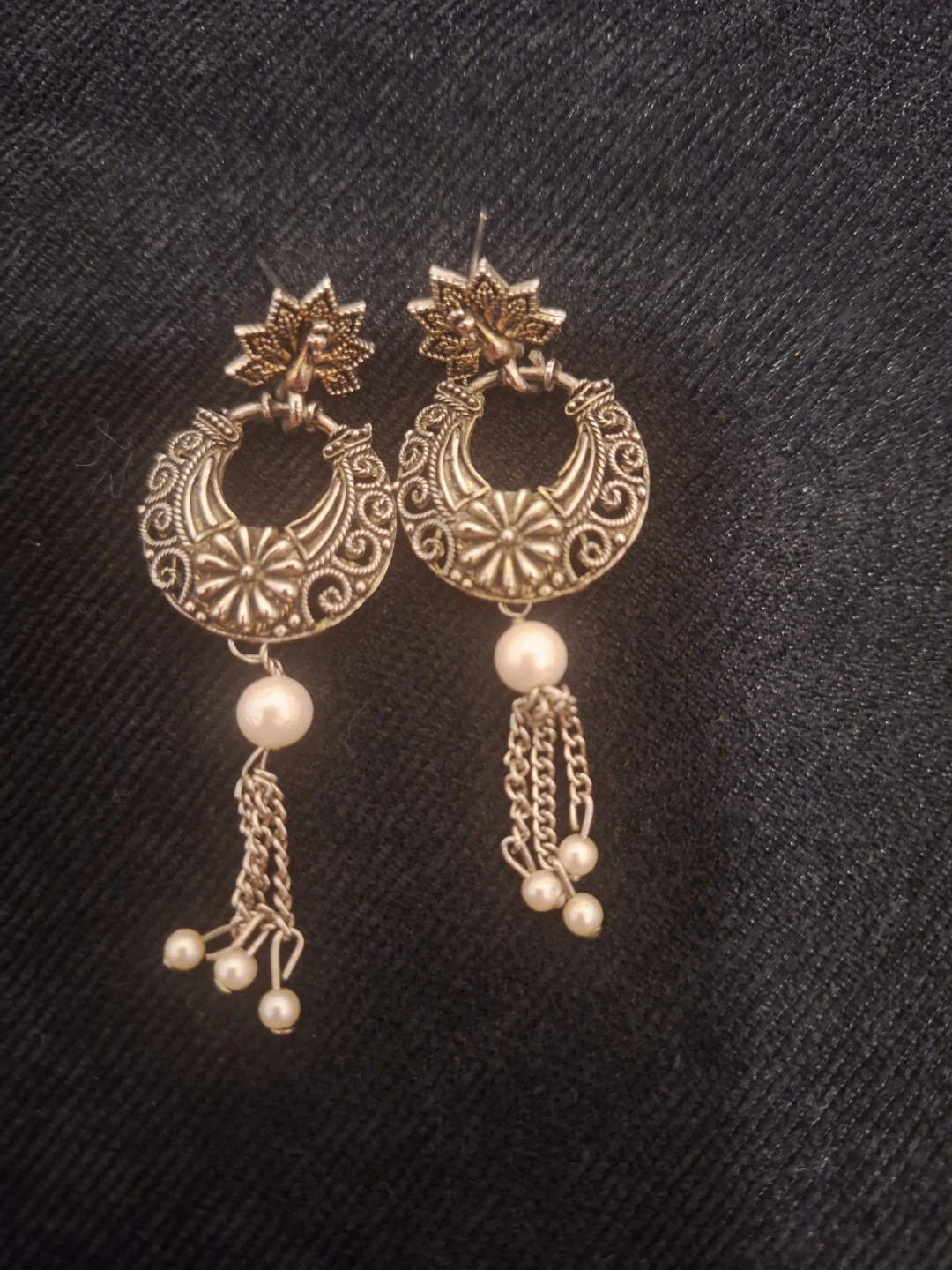 Ornate Silver-Tone Earrings with Pearl Dangles - photo 2