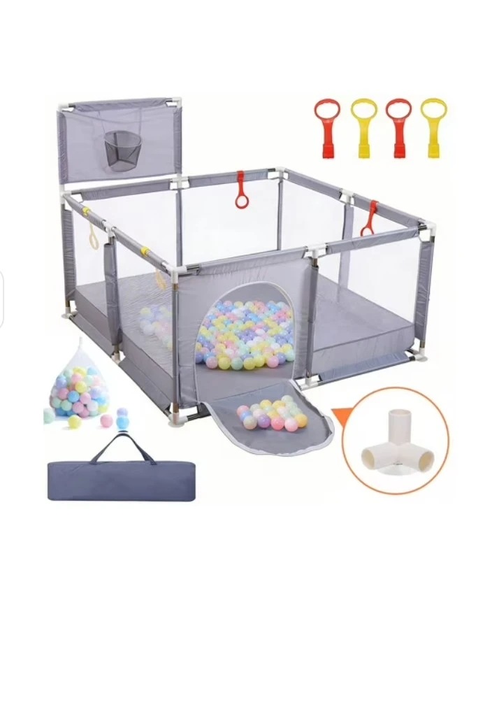 Grey Baby Playpen with Ball Pit and Basketball Hoop