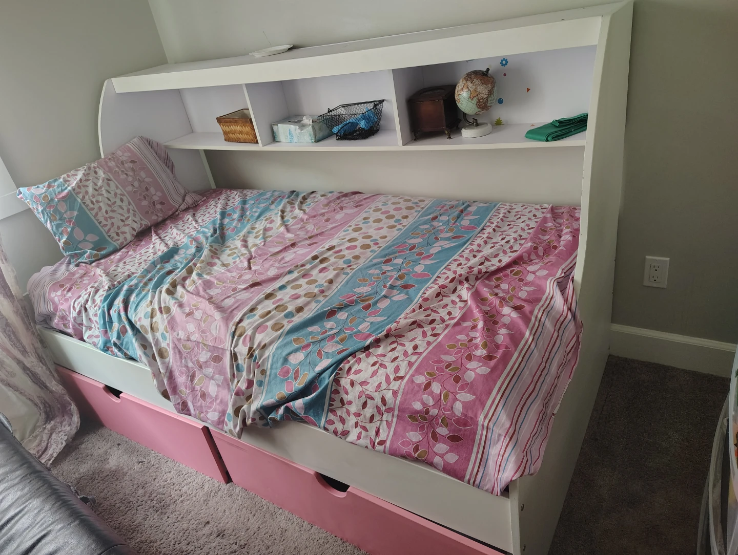 Pink and White Twin Bed Frame with Storage Shelves