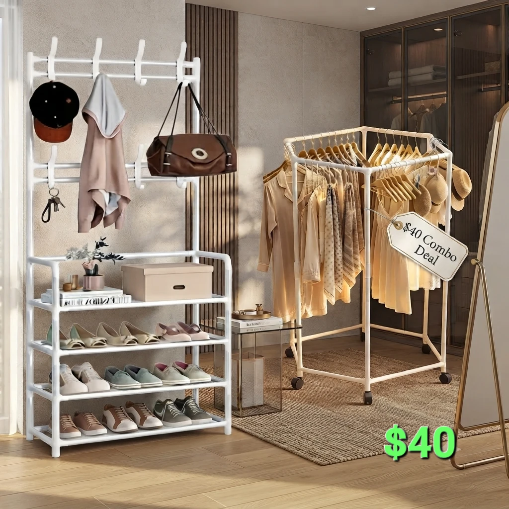 (BRAND NEW) 2-Piece White Metal Clothing Rack and Shoe Rack Set