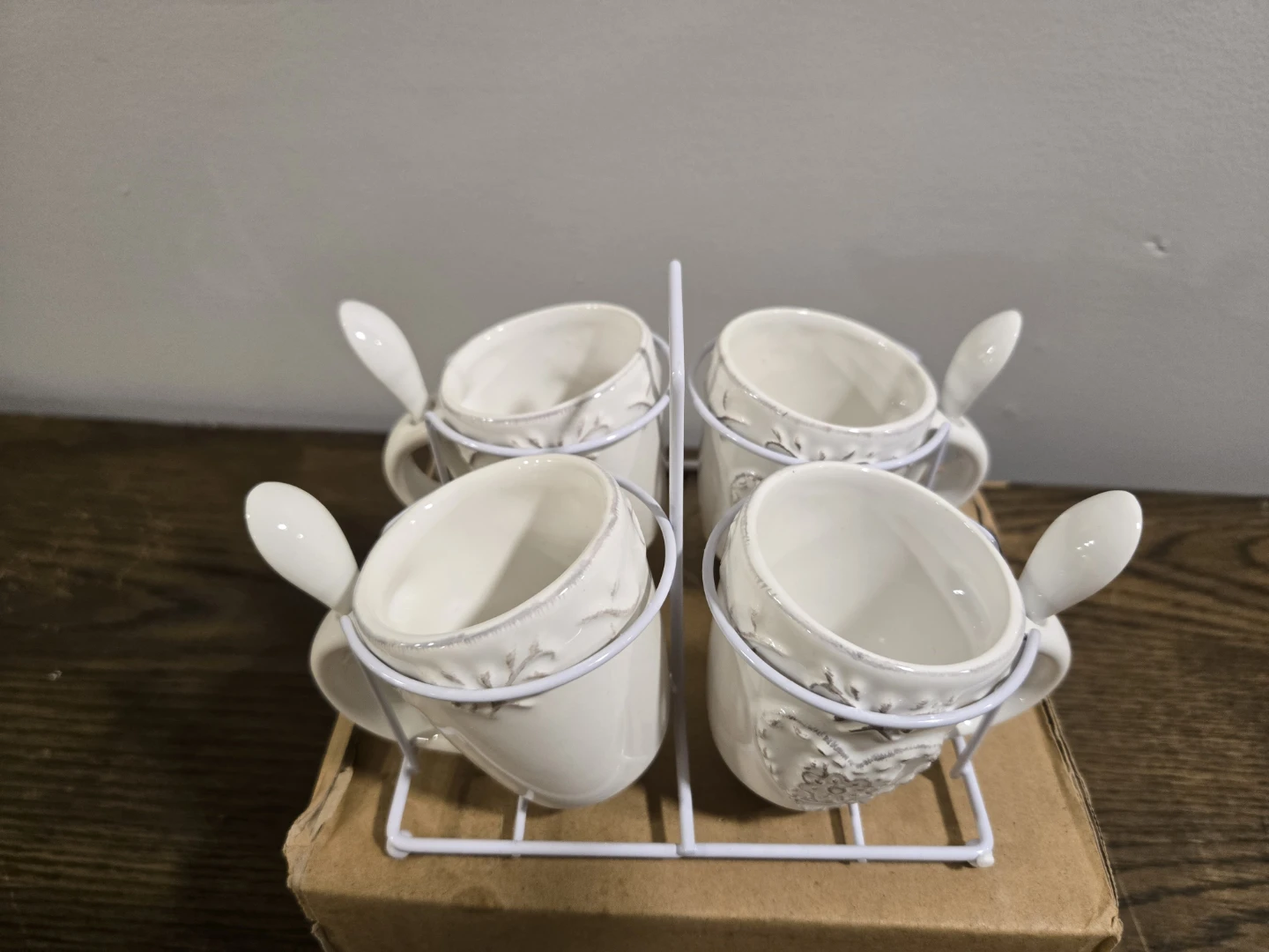 Set of 4 White Ceramic Espresso Cups with Spoons and Stand - photo 2