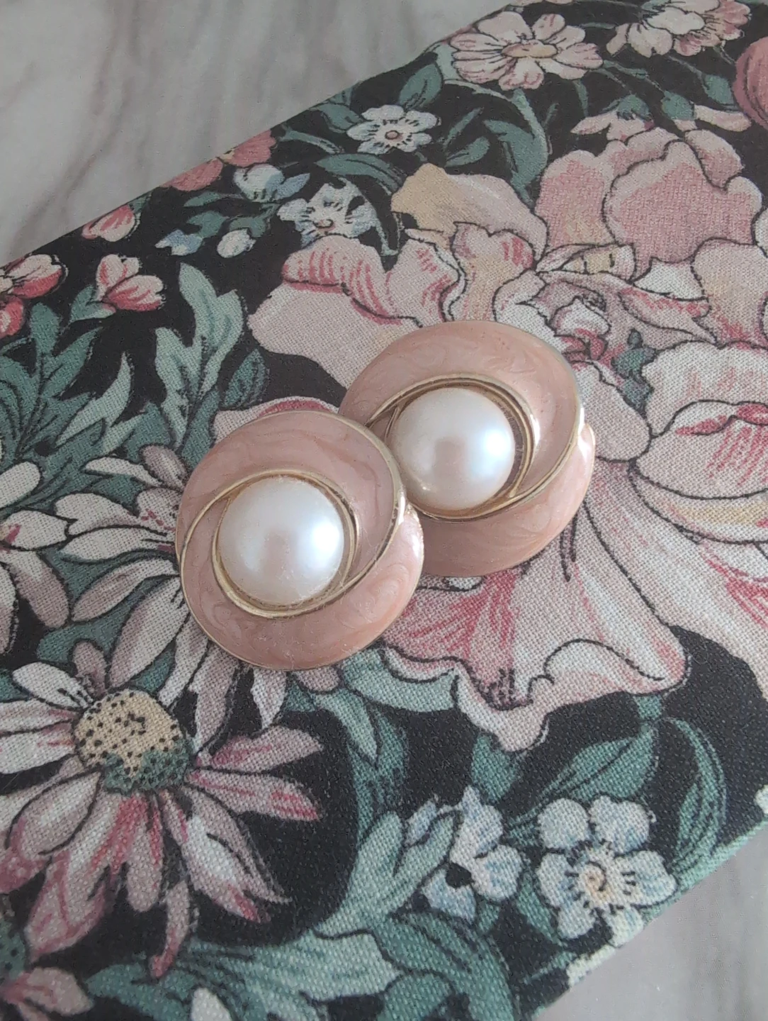 Vintage Pink Enamel Pearl Earrings