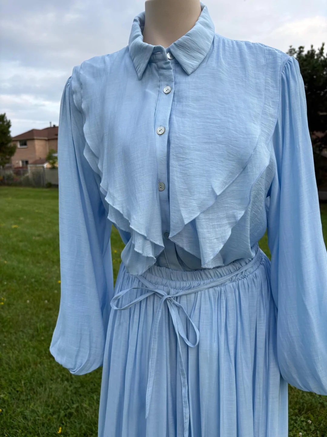 Light Blue Ruffle Button-Up Shirt and Skirt Set
