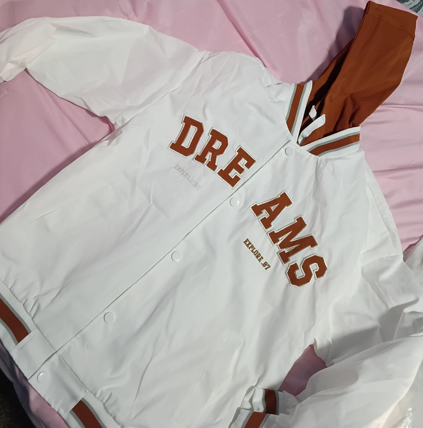 White "DREAMS EXPLORE .87" Letterman Jacket