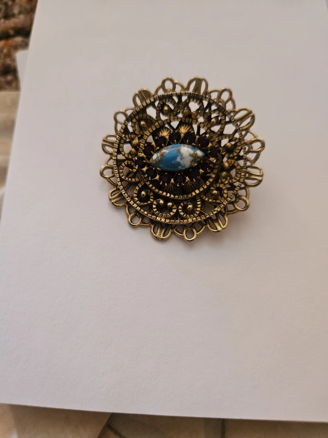 Vintage Art Deco StyleGold Tone Filigree Brooch with Blue  Stone