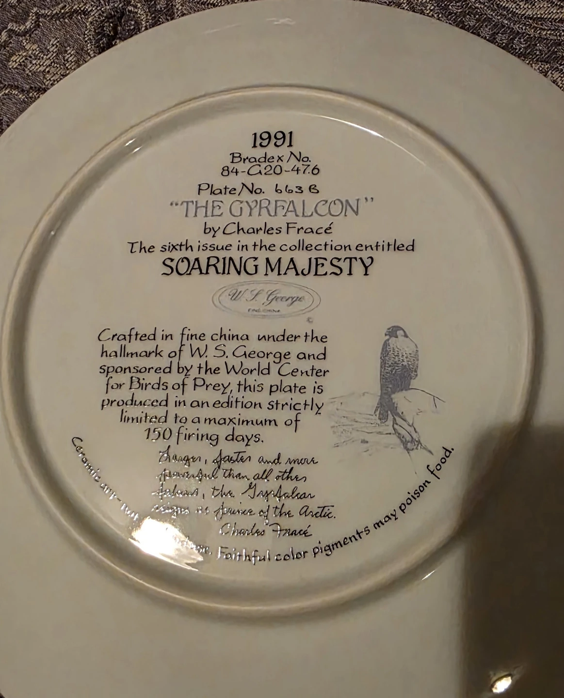 1991 "The Gyrfalcon" Collector Plate by Charles Fracé - photo 2
