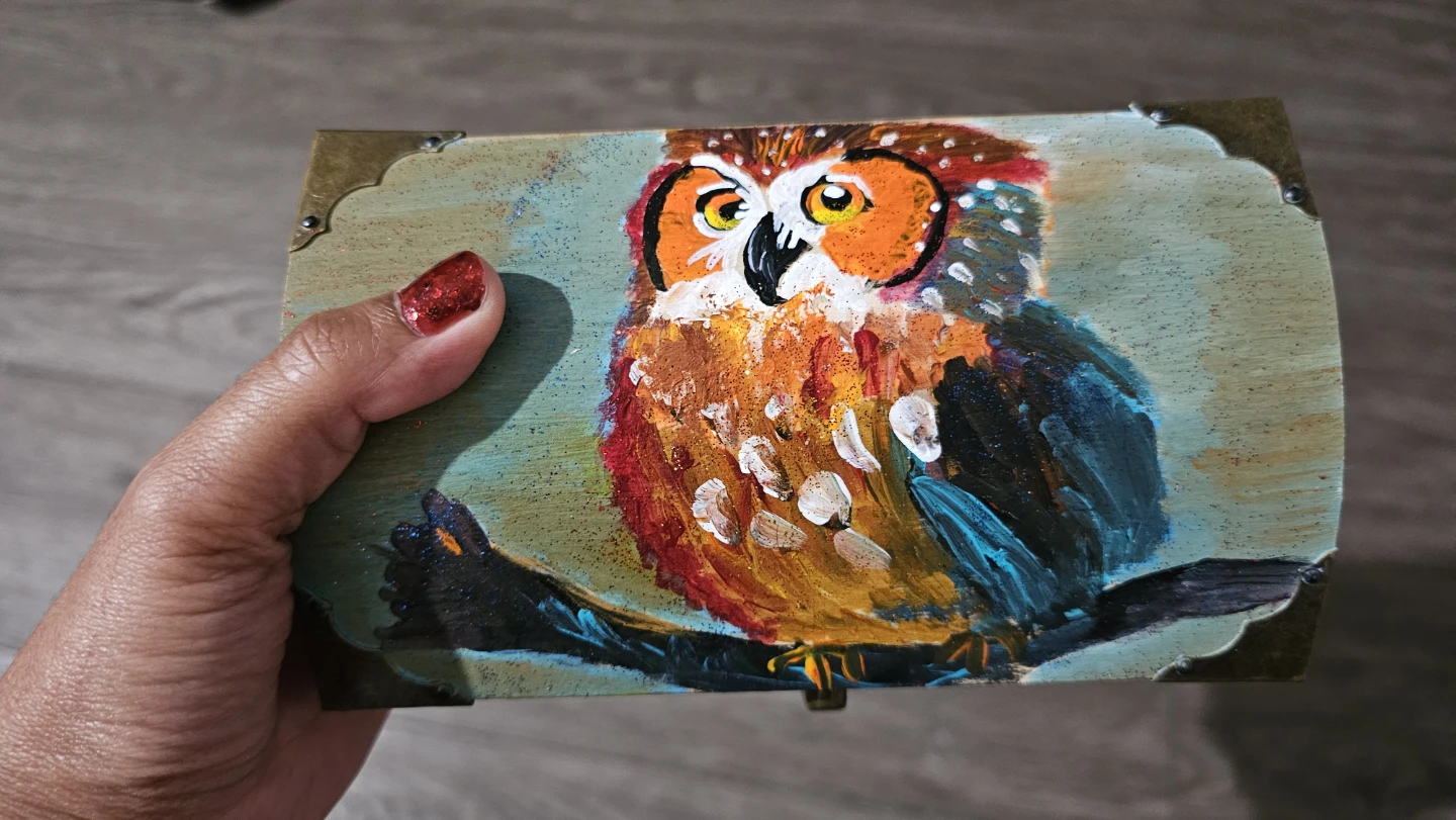 Hand-painted Owl and Maple Leaf Wooden Trinket Box