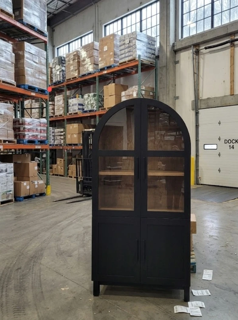 Black Arched Glass Door Cabinet with Wood Shelves