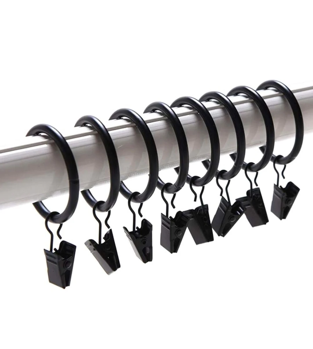 1" Black Metal Curtain Rings with Clips - 30 Pcs