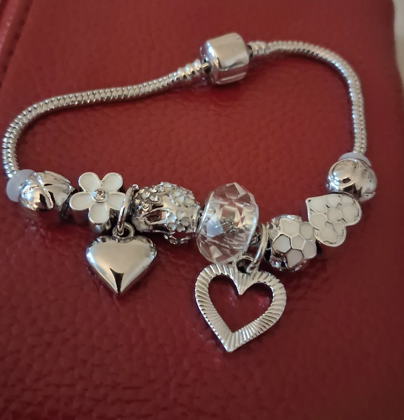 Silver Charm Bracelet with Hearts and Flowers - photo 2