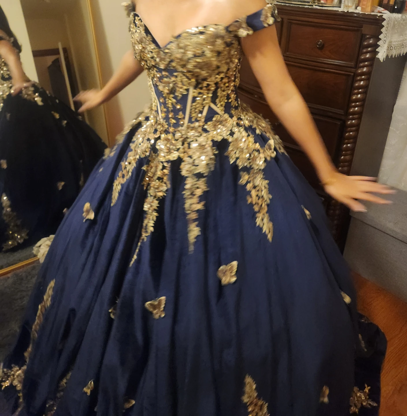 Navy Blue Ball Gown with Gold Embroidery