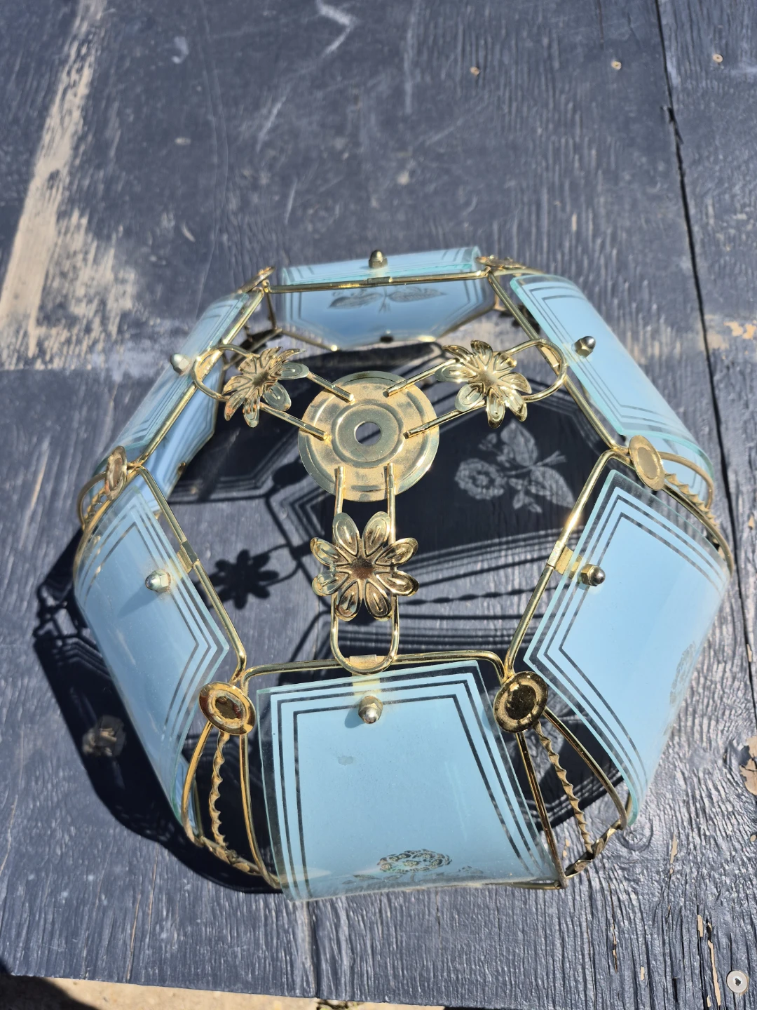 Vintage Blue Glass Lamp Shade with Brass Accents - photo 2