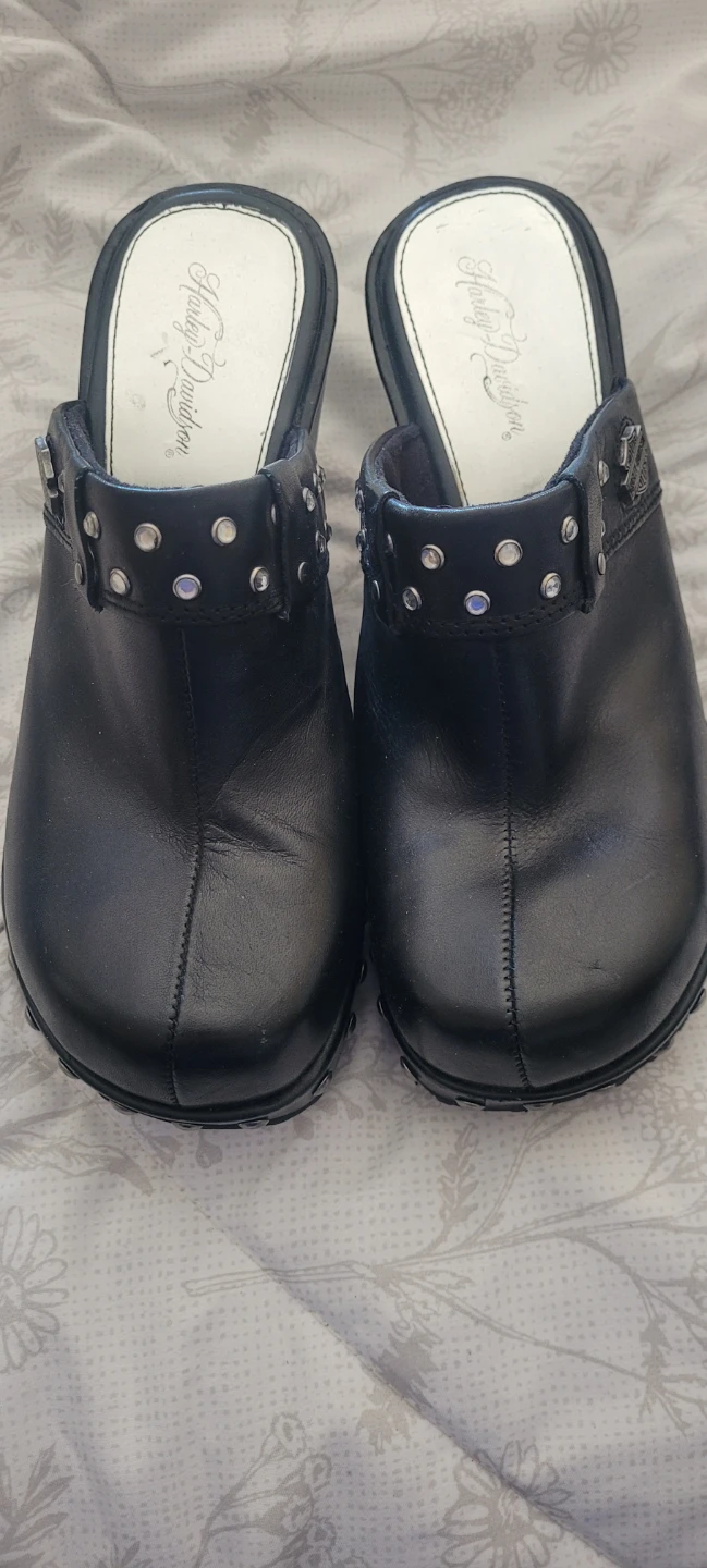 Harley-Davidson Black Leather Studded Wedge Clogs