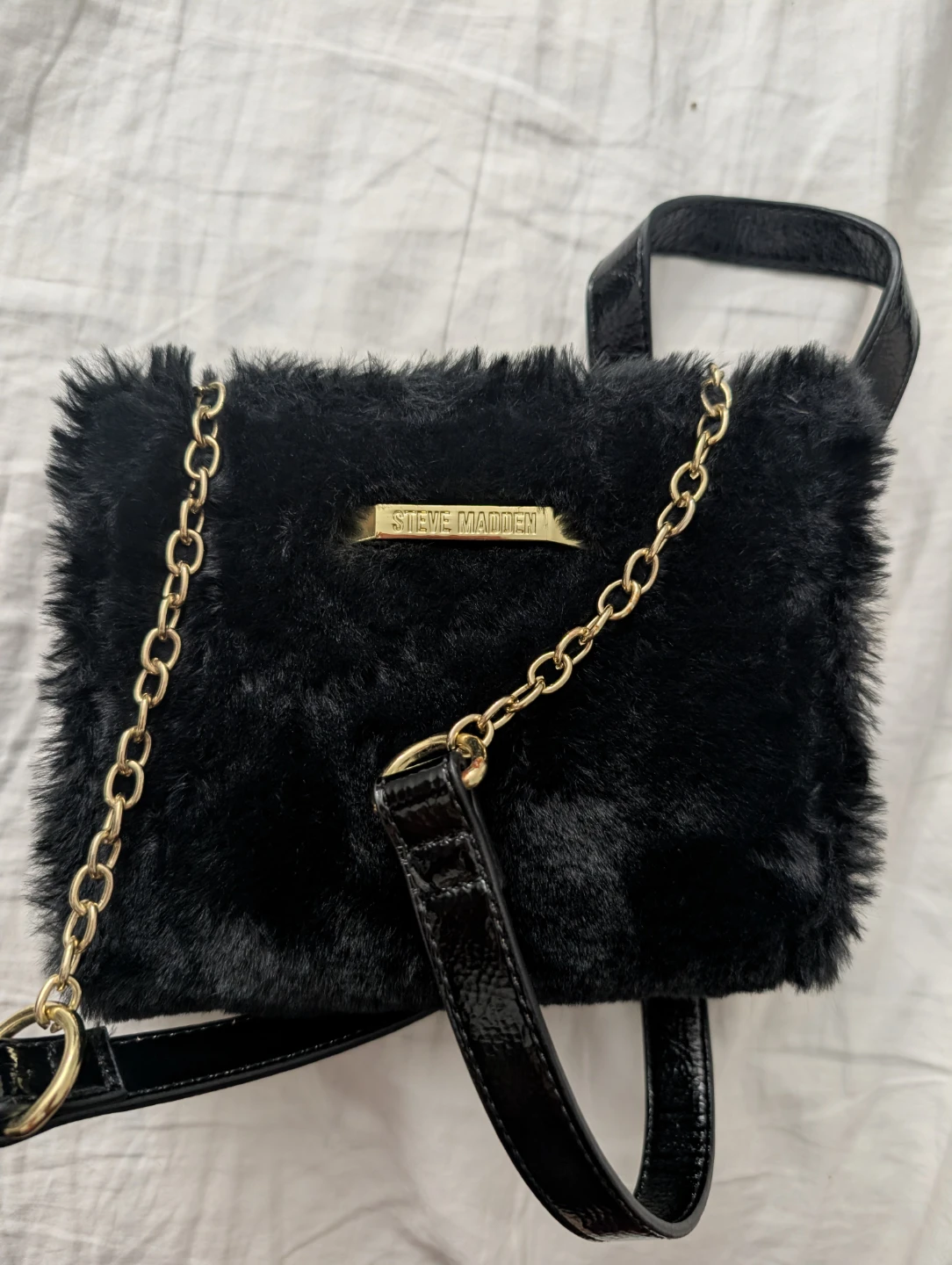 Steve Madden Black Faux Fur Chain Crossbody Bag