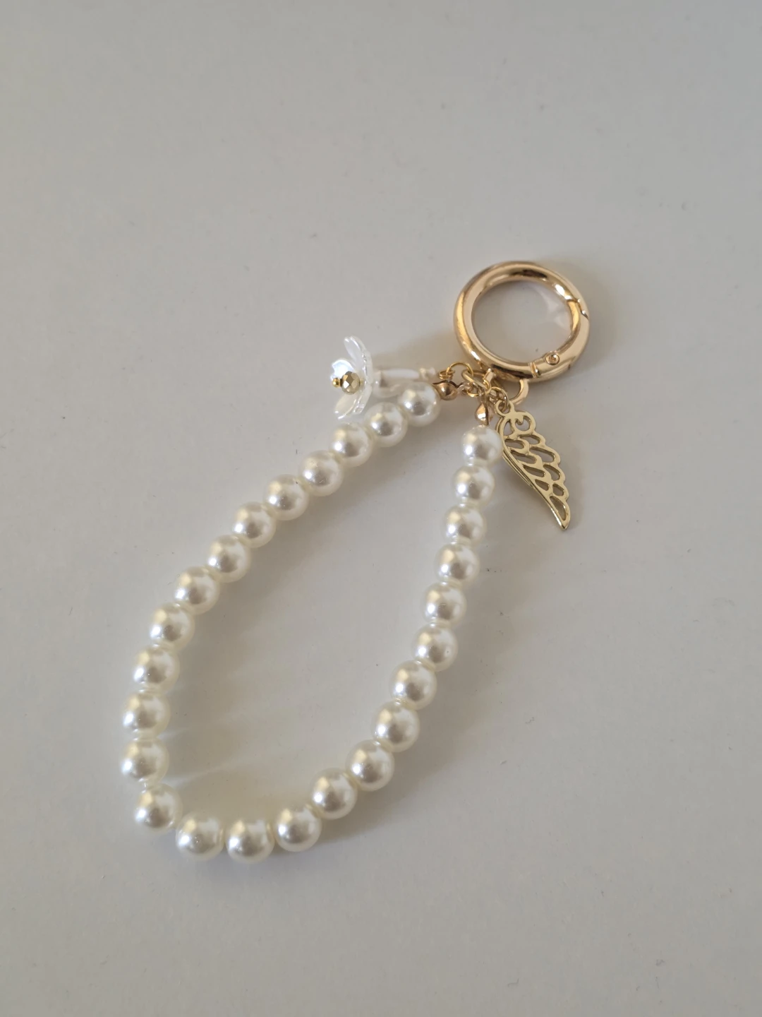 Pearl Keychain Bag Charm with Flower and Wing Charm