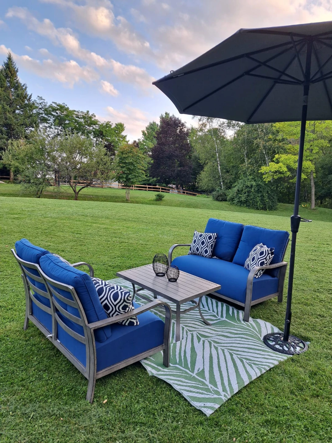 Blue Outdoor Loveseat with Pillows