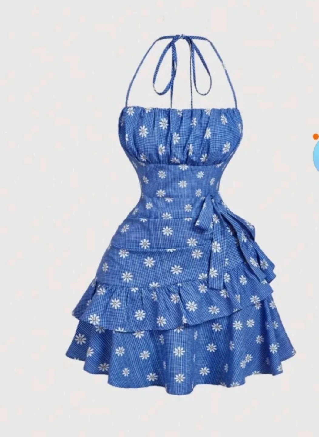 Blue Gingham Daisy Print Halter Dress 2XL