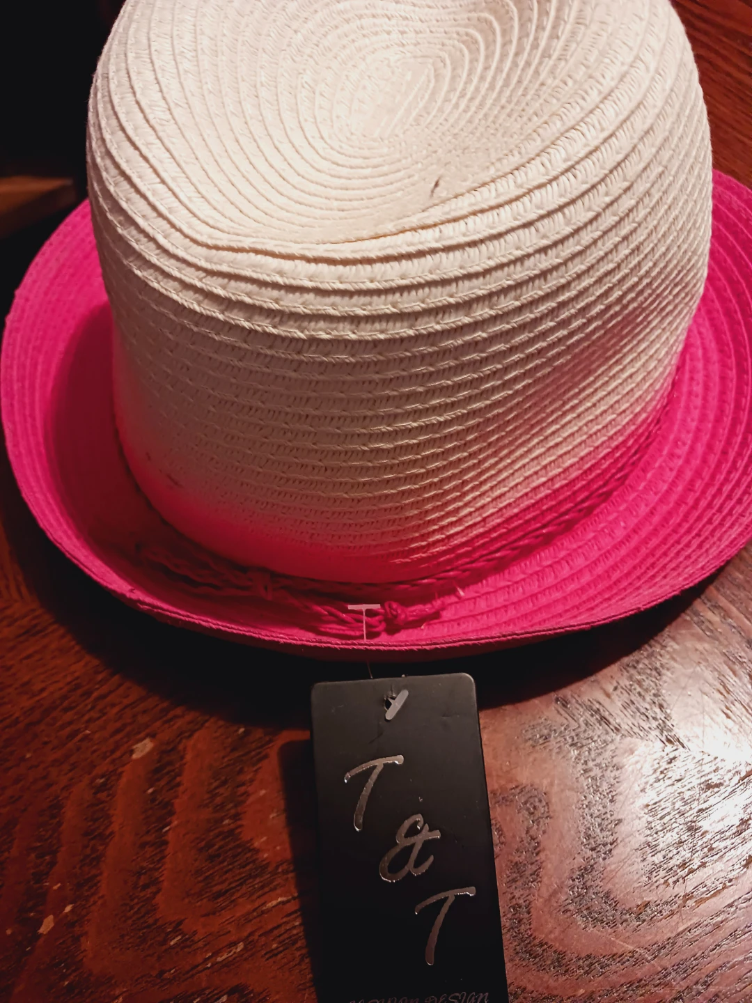 New !! Ladies Summer Straw Hat - Pink and White - photo 3