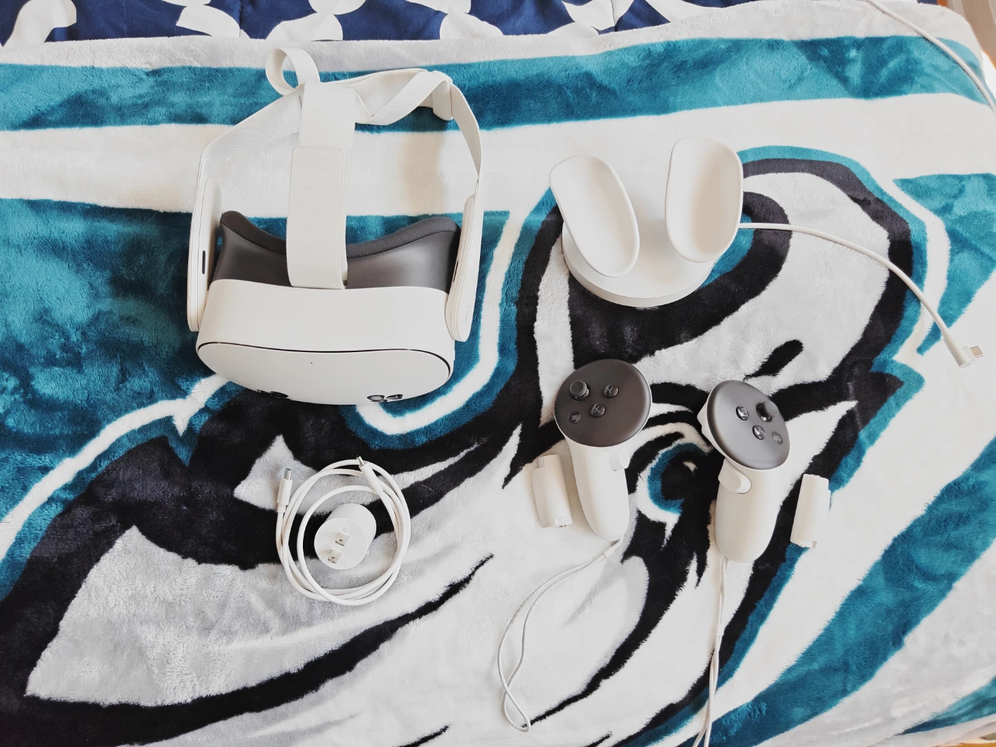 Meta Quest 3s VR headset with compact charging dock