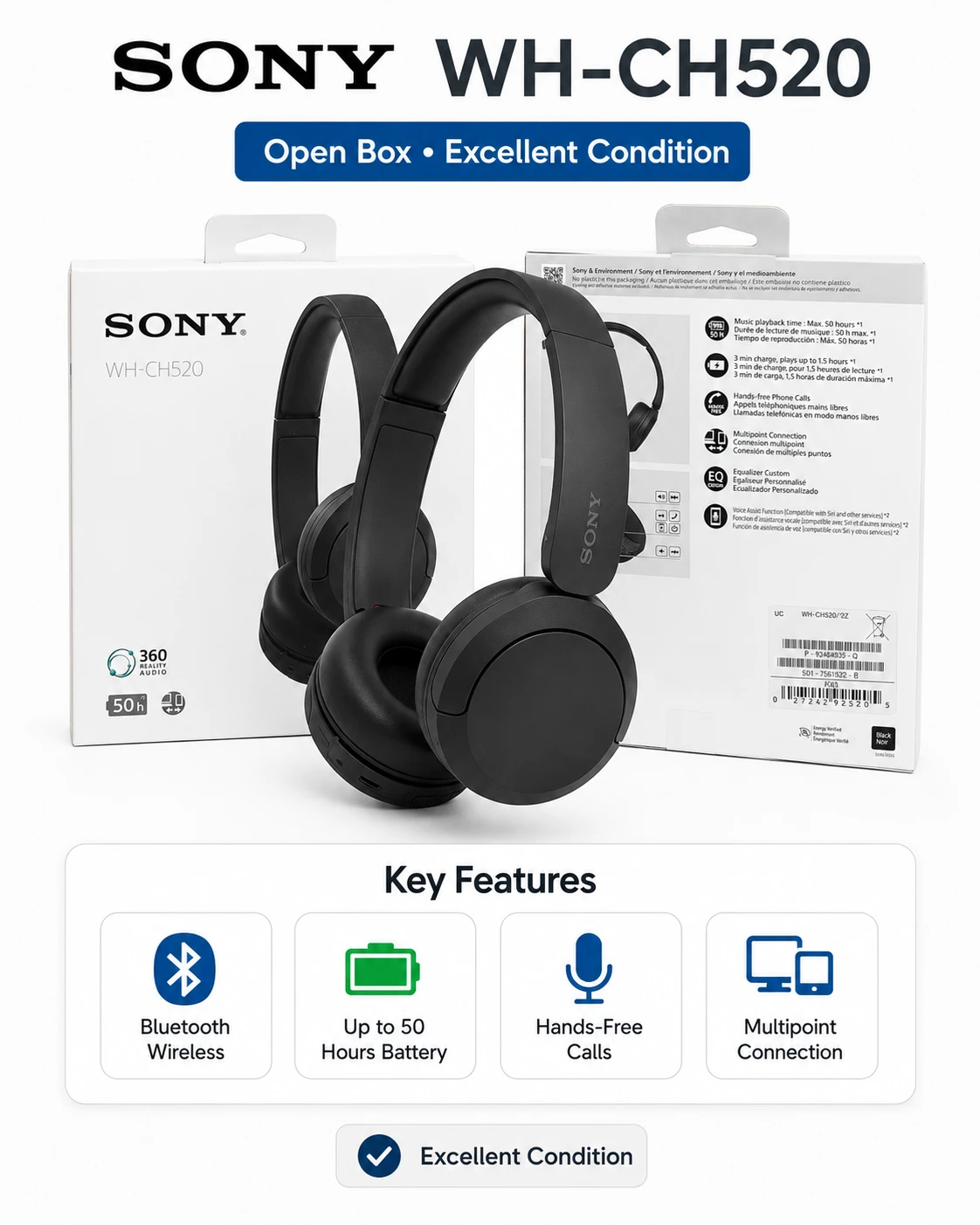 🎧 Sony WH-CH520 Wireless Headphones – Brand New, Open Box! ✨