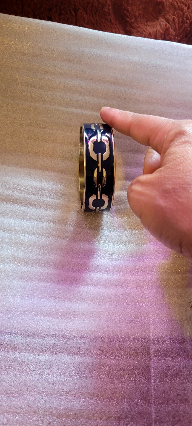 Gold Tone hinged Bangle Bracelet with Navy Enamel Chain Design