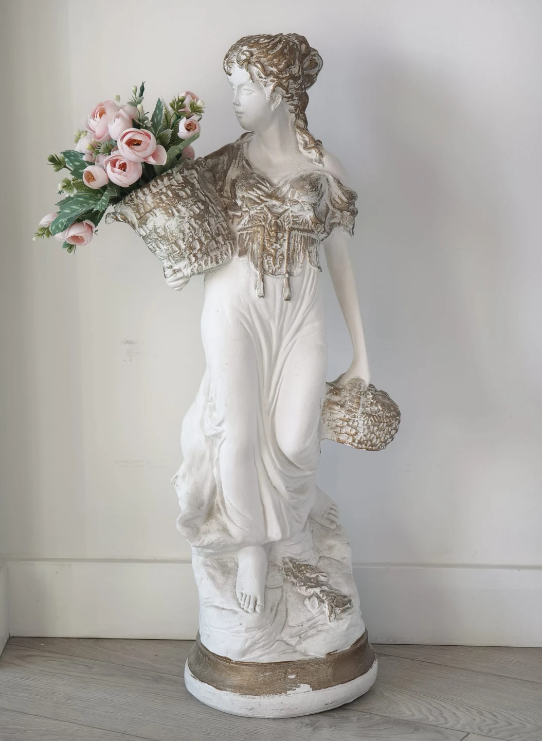 Classical Decorative Statue with Gold Accents & Floral Basket