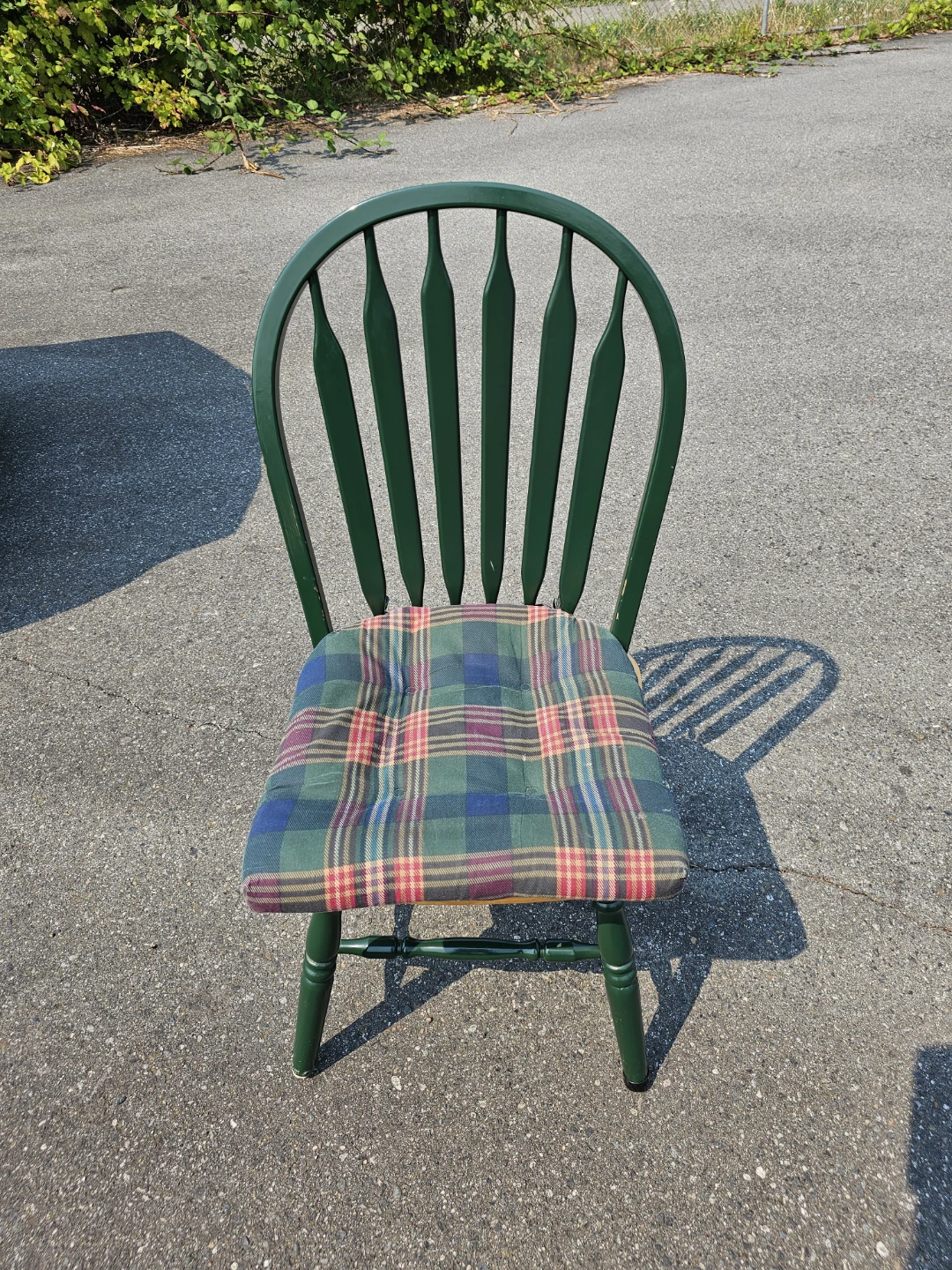 Green Windsor Style Chair with Plaid Cushion