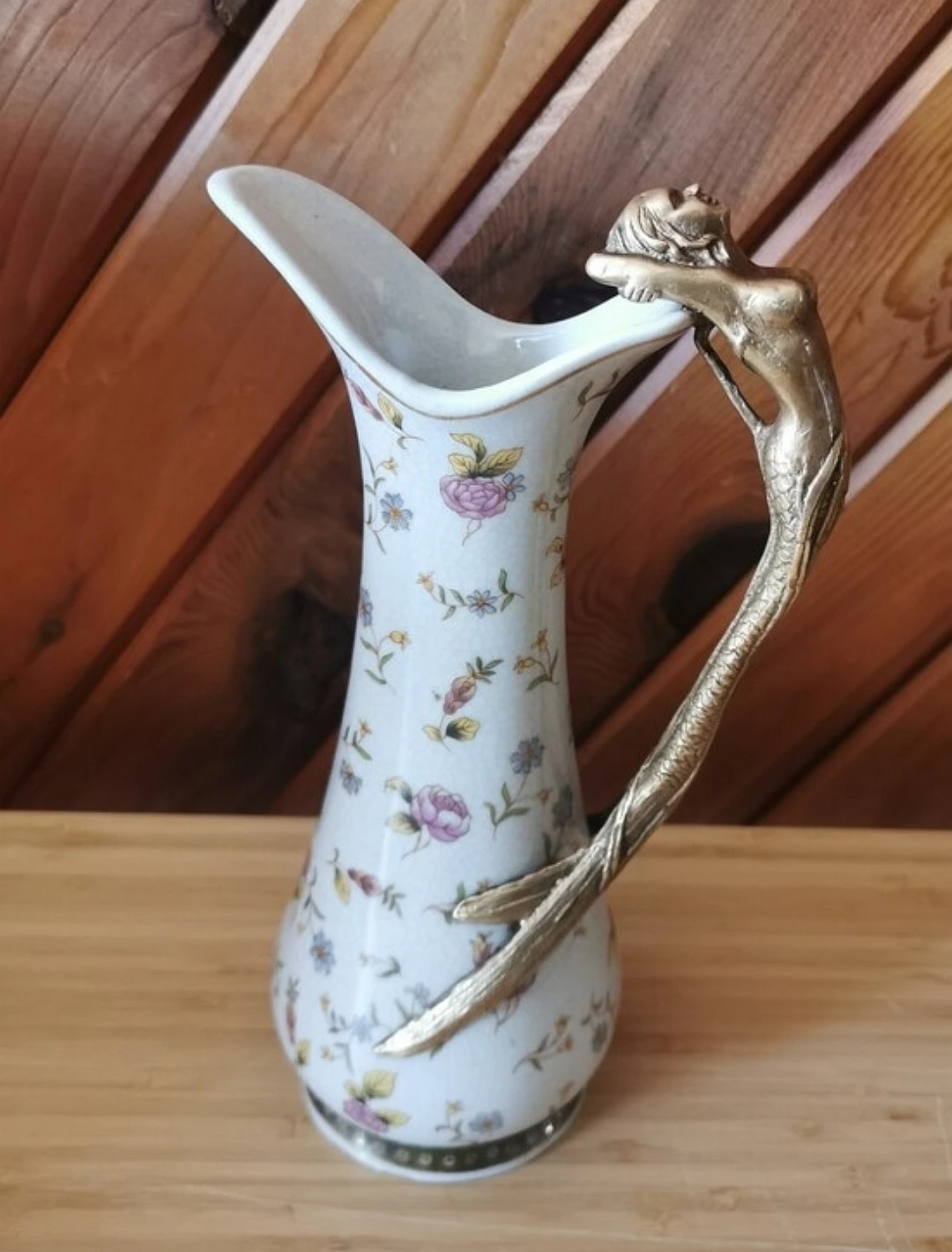Art Nouveau Porcelain Ewer/Carafe/Vase Bronze Mermaid Handle