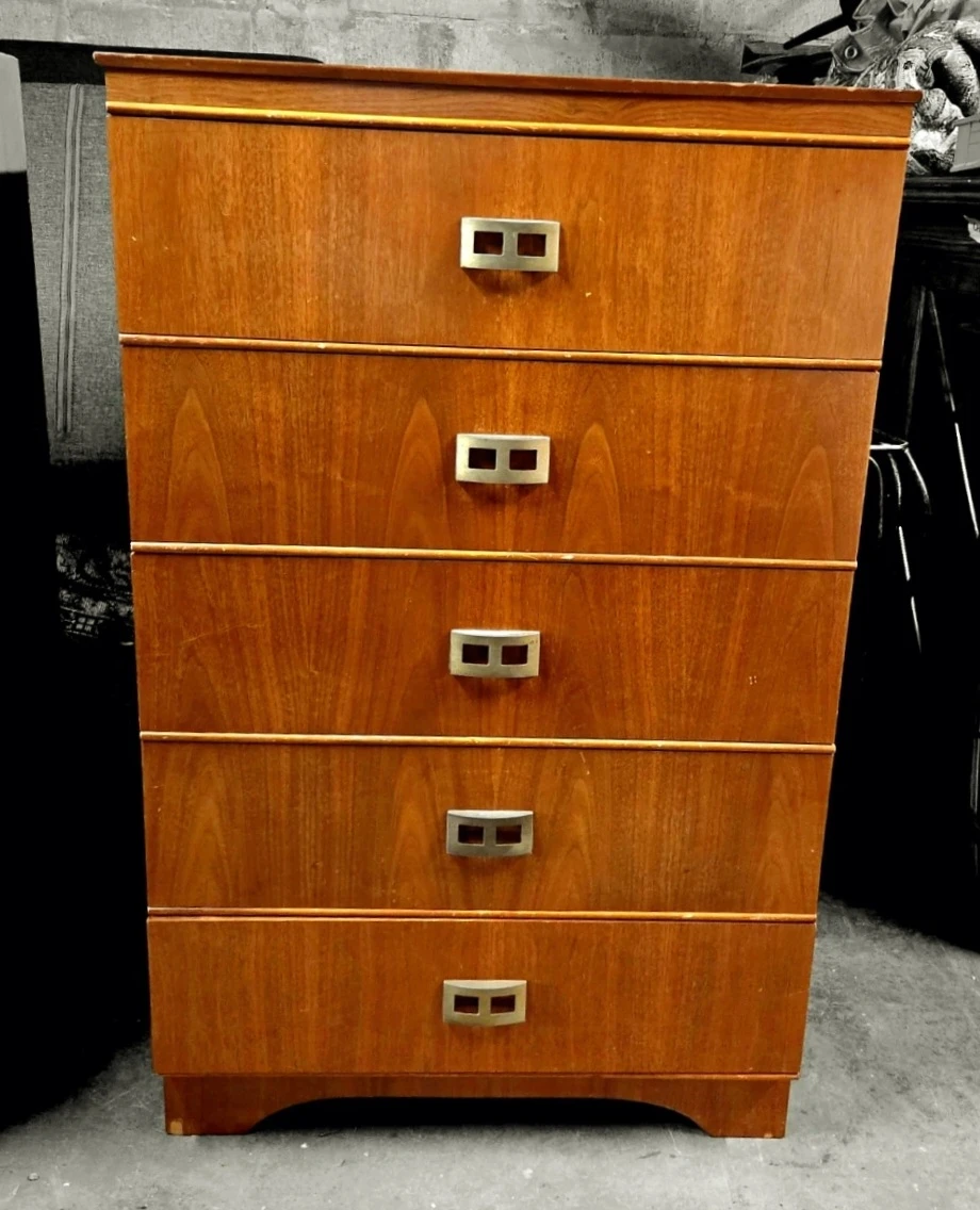 MCM Walnut 5 Drawer Tallboy Dresser With Brass Pull Handles - photo 5