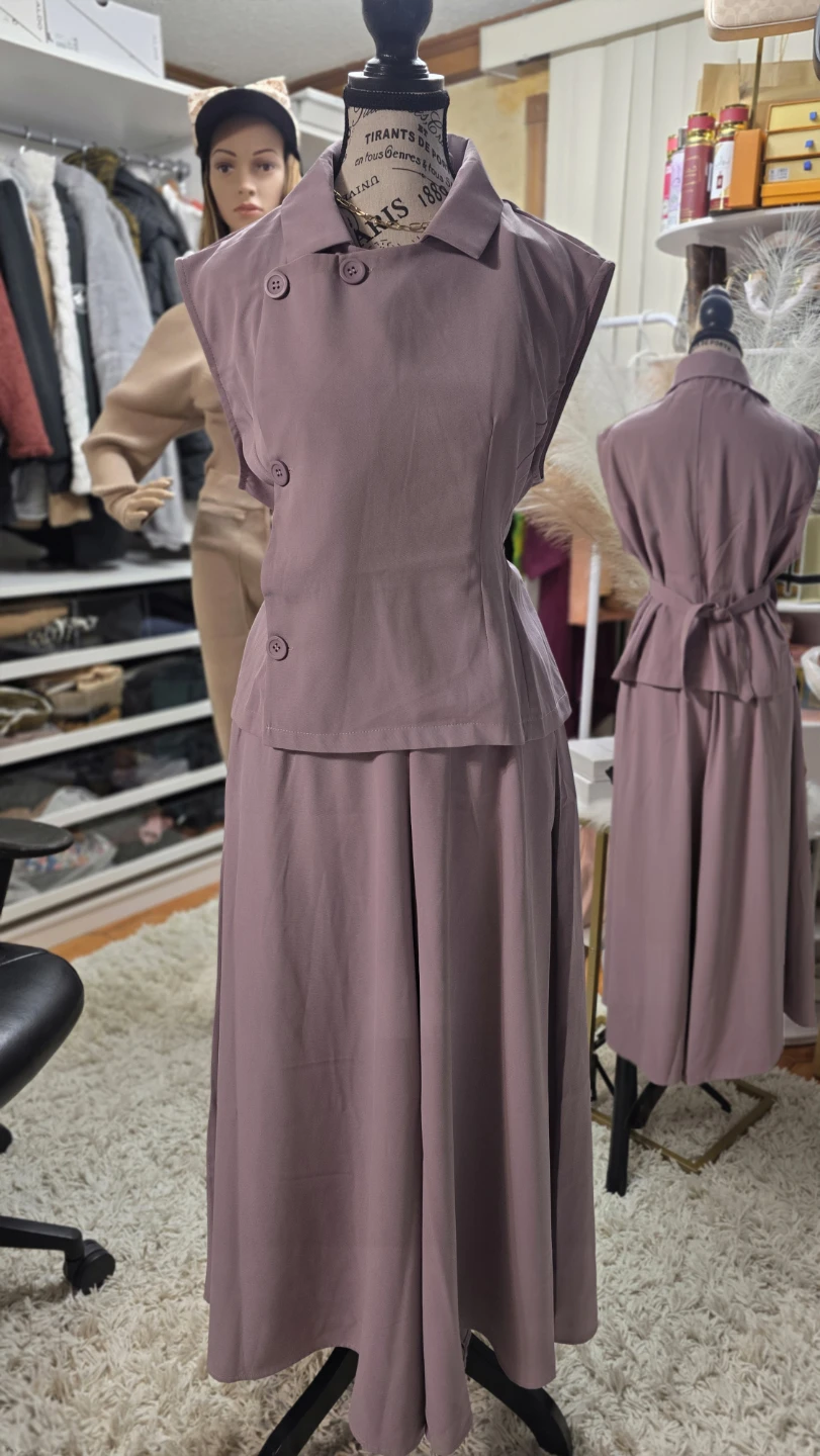 Mauve Sleeveless Button-Up Skirt Suit Set